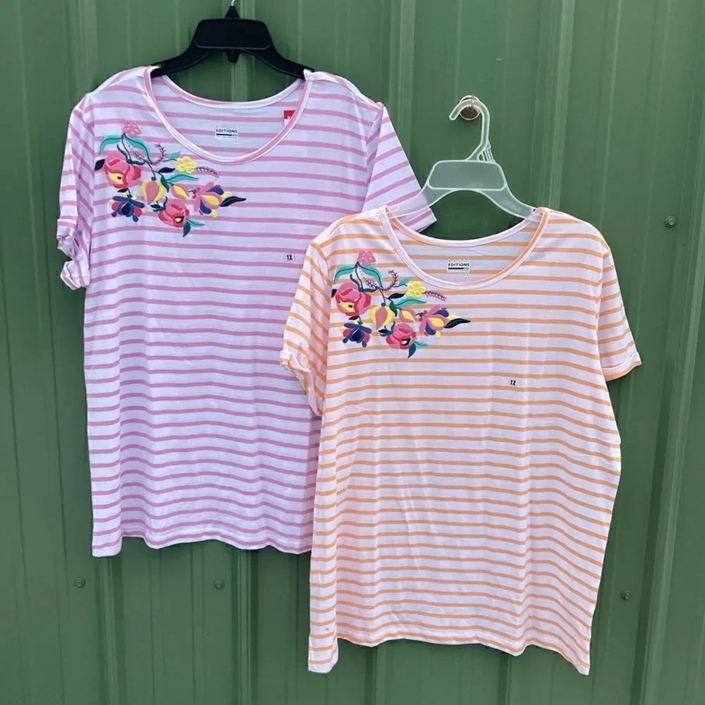 Women's Scoop Neck Striped Cotton Short Sleeve T-Shirt Top 2-Pack Size 1X